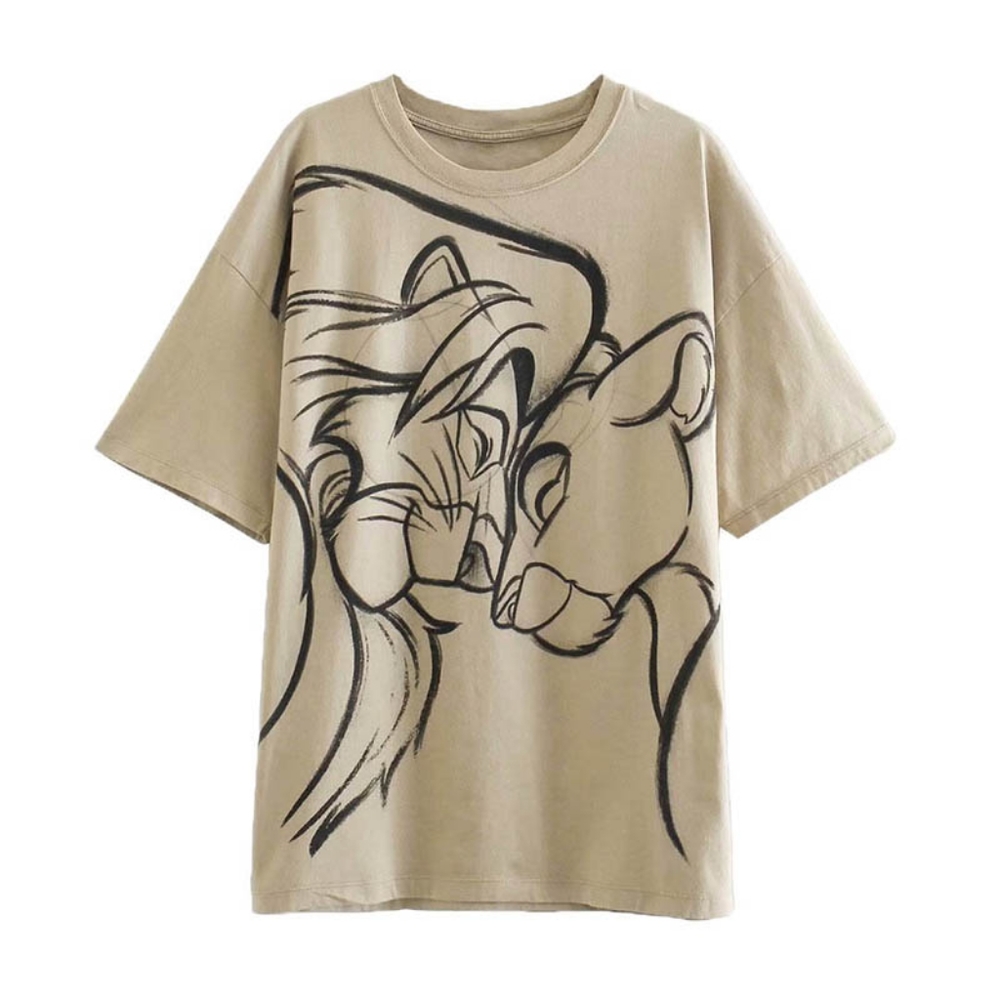 TAN and Black Disney Family The Lion King Simba Nala Cartoon Print T-Shirt